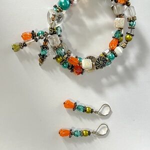 Colorful Beaded Bracelet and Earring Set wrap bracelet orange teal lime pearl